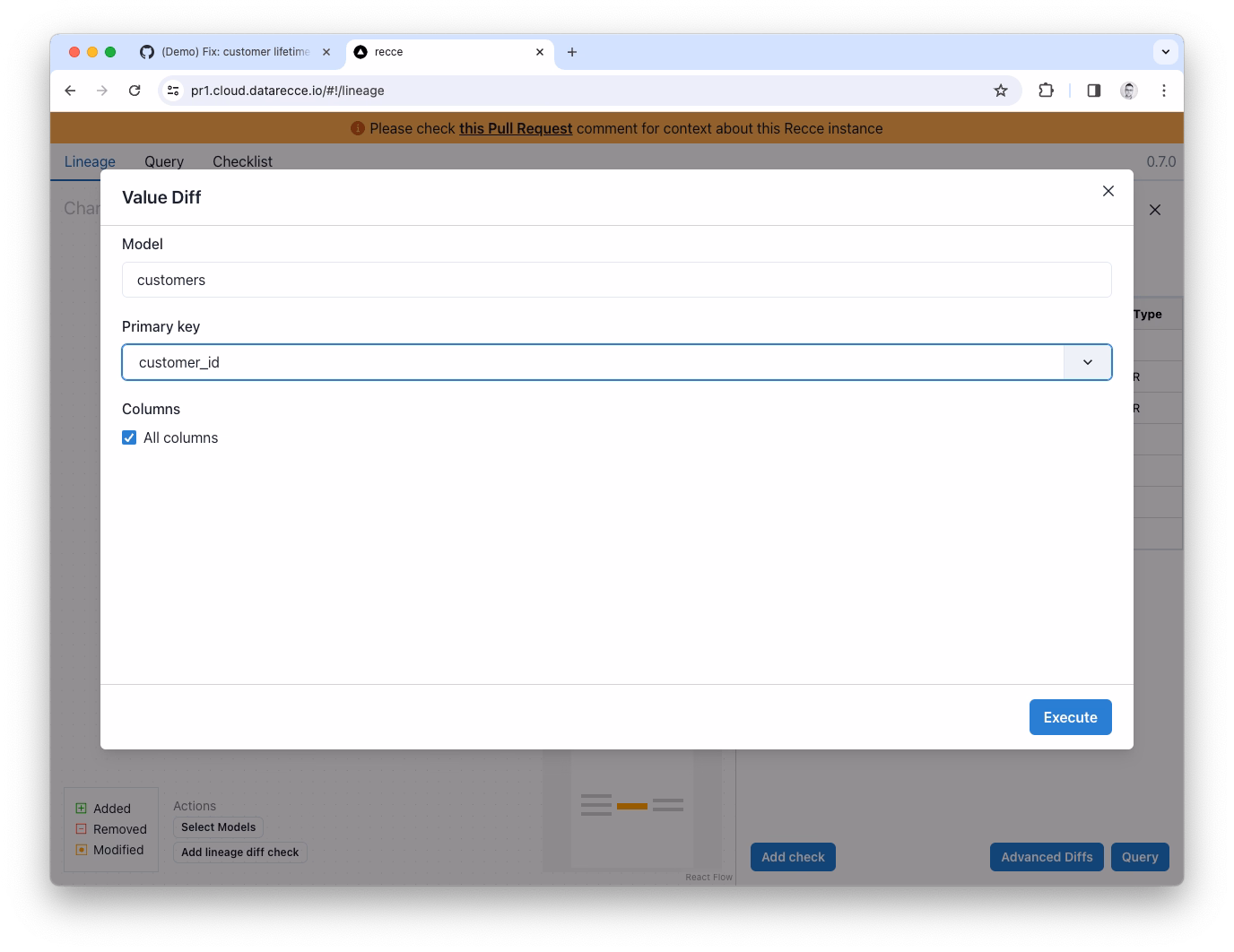 Choose the primary key and which columns to diff